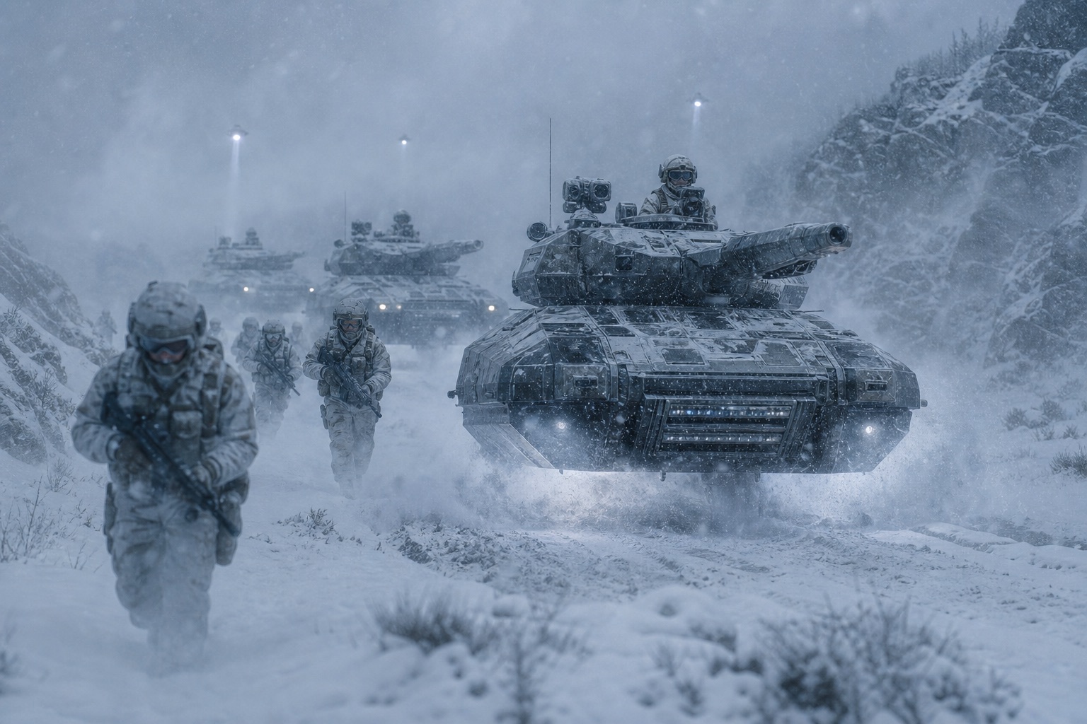 Colonne de chars futuristes à sustentation et soldats en camouflage blanc progressant sur une route de montagne ensevelie sous le blizzard