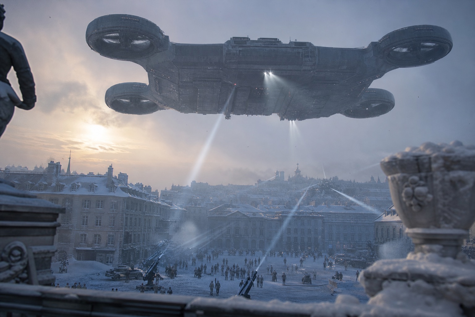 Immense porte-vaisseau de type Titan survolant une ville européenne ensevelie sous la neige à l'aube, balayé par des projecteurs anti-aériens